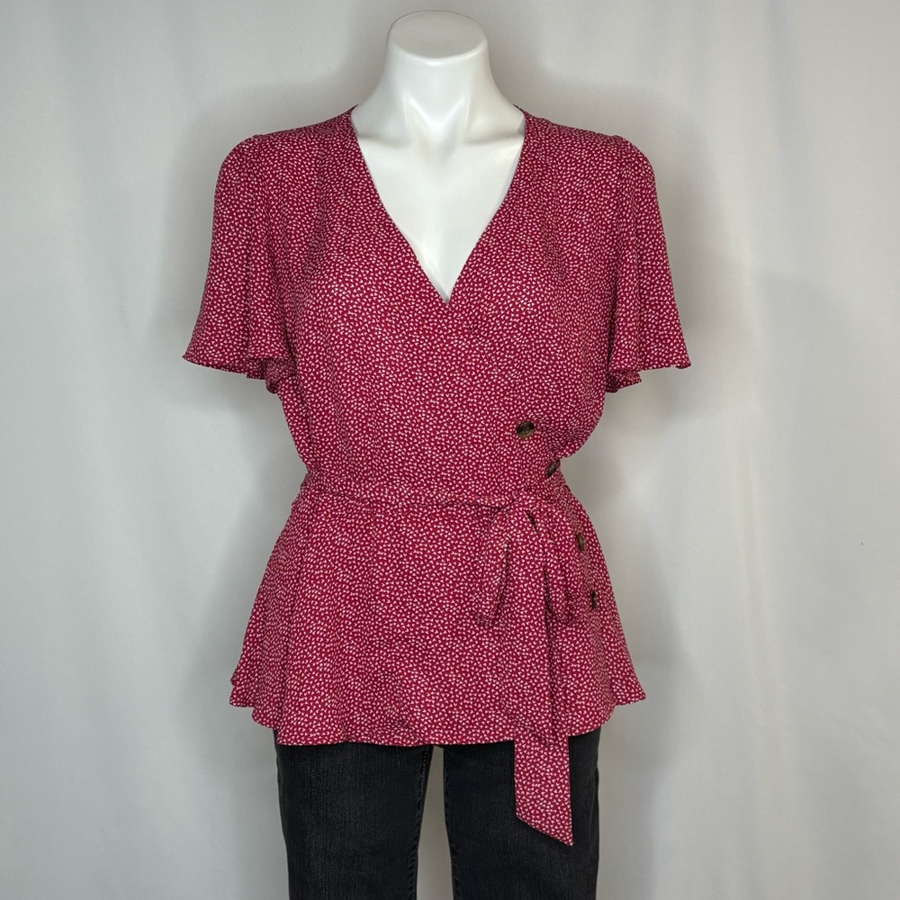 Loft Red & White Micro Heart Wrap Blouse, Medium